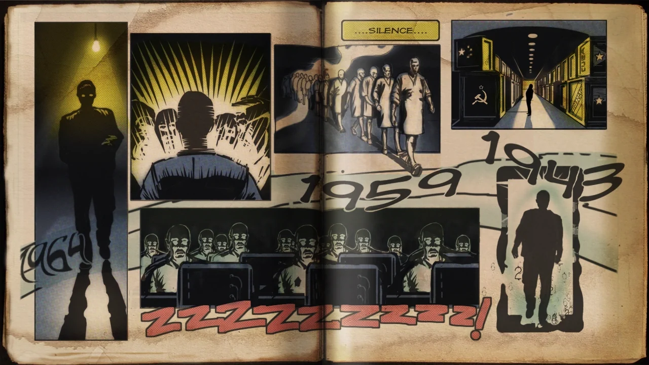 The comic-book loading screen of Nacht der Untoten in Black Ops, with the dates 1943, 1959 and 1964, Call of Duty Black Ops Zombies