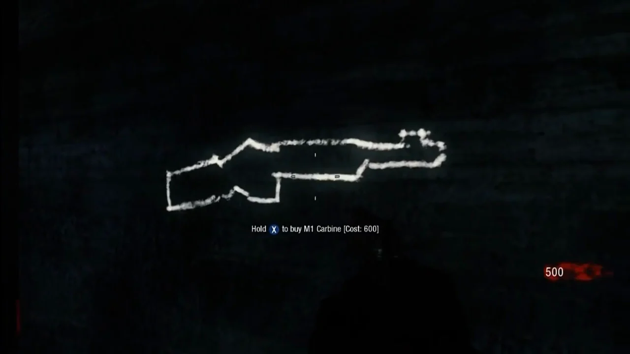 The chalk outline of the M1 Carbine on a dark wall of the starting room, with the prompt Hold to buy M1 Carbine, Cost 600, in Nacht der Untoten, Call of Duty Black Ops Zombies