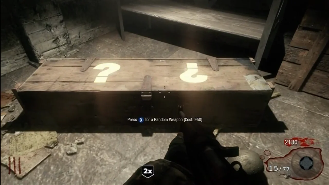 The Mystery Box of the Help room, its question marks glowing, with the prompt Press for a Random Weapon, Cost 950, in Nacht der Untoten, Call of Duty Black Ops Zombies