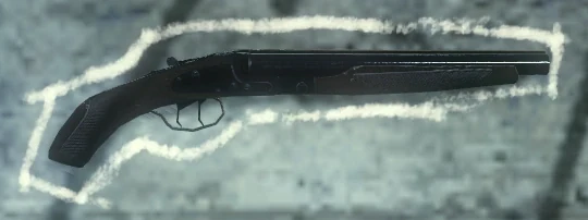 The sawed-off Double-Barreled Shotgun hanging in its chalk outline on a wall, Call of Duty Black Ops Zombies