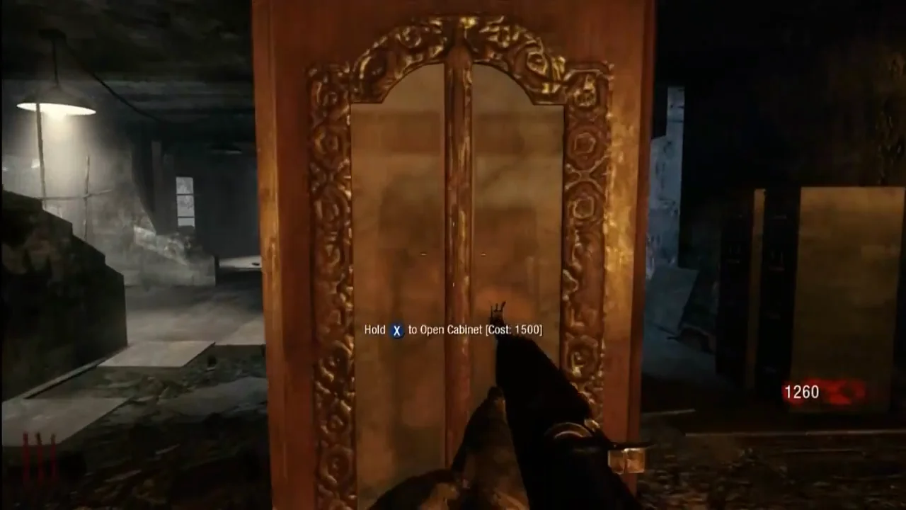 The Sniper Cabinet on the upper floor, with the prompt Hold to Open Cabinet, Cost 1500, in Nacht der Untoten, Call of Duty Black Ops Zombies
