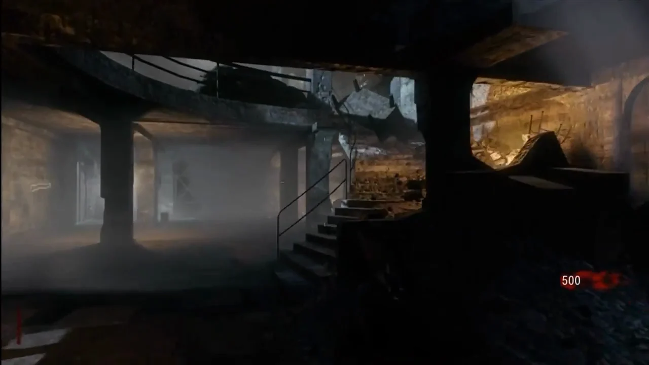 The starting room of the bunker, its pillars and the staircase to the upper floor in Nacht der Untoten, Call of Duty Black Ops Zombies
