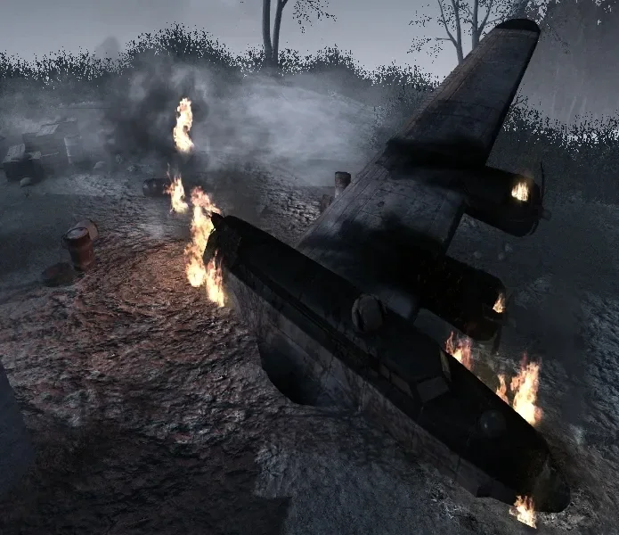 The crashed B-17 bomber burning outside the bunker, Nacht der Untoten, Call of Duty World at War Zombies