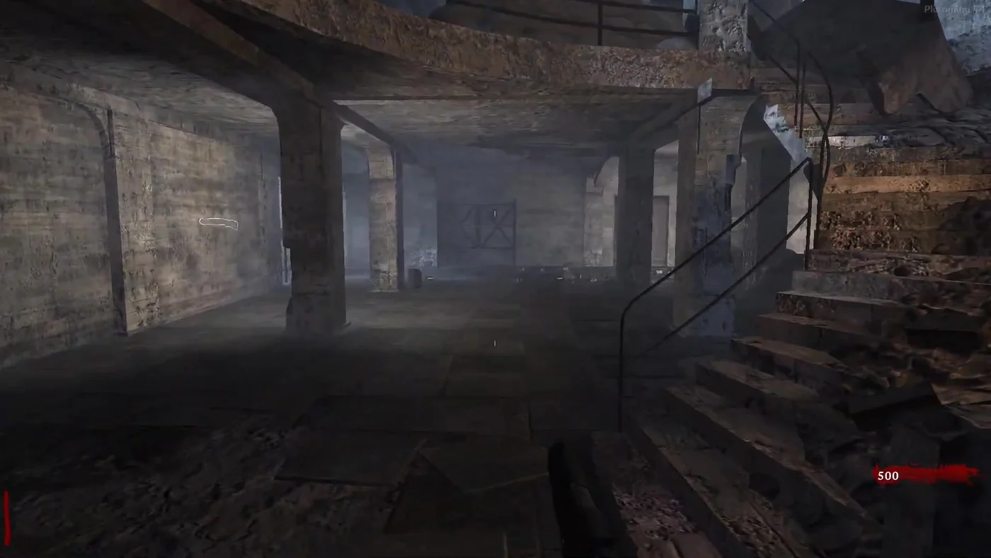 The ground-floor starting room of the bunker, with the staircase to the upper floor on the right, Nacht der Untoten, Call of Duty World at War Zombies
