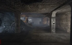 The ground floor of the bunker seen from the Help room door, its columns lit by lanterns, Nacht der Untoten, Call of Duty World at War Zombies