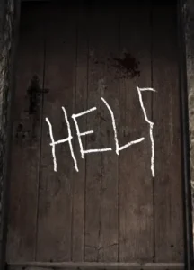 The door of the Help room, with "HELP" chalked on it and its last letter unfinished, Nacht der Untoten, Call of Duty World at War Zombies