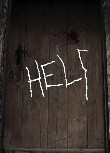 The door of the Help room, with "HELP" chalked on it and its last letter unfinished, Nacht der Untoten, Call of Duty World at War Zombies