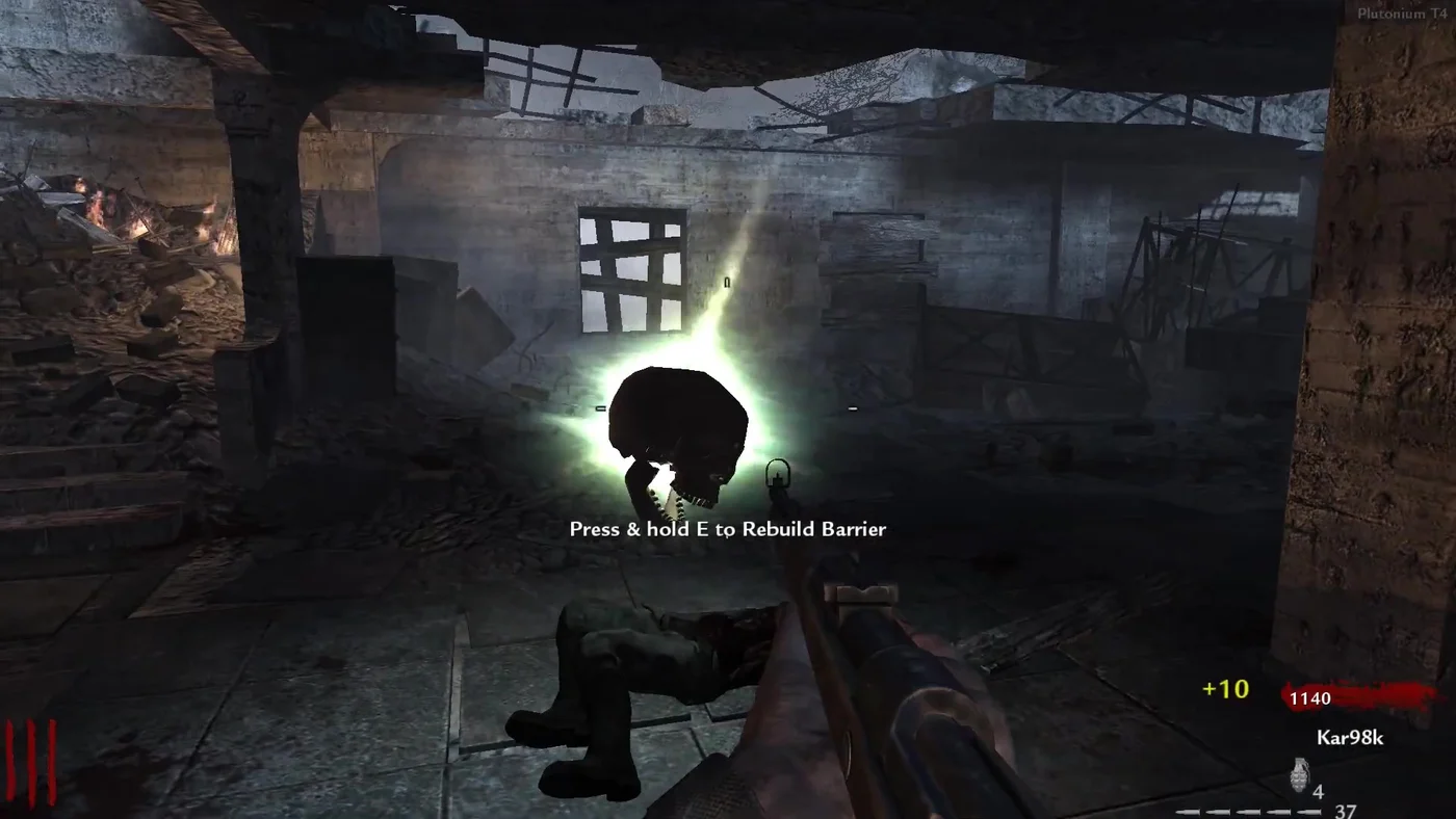 An Insta-Kill power-up, a glowing skull, dropped in front of a boarded window, Nacht der Untoten, Call of Duty World at War Zombies
