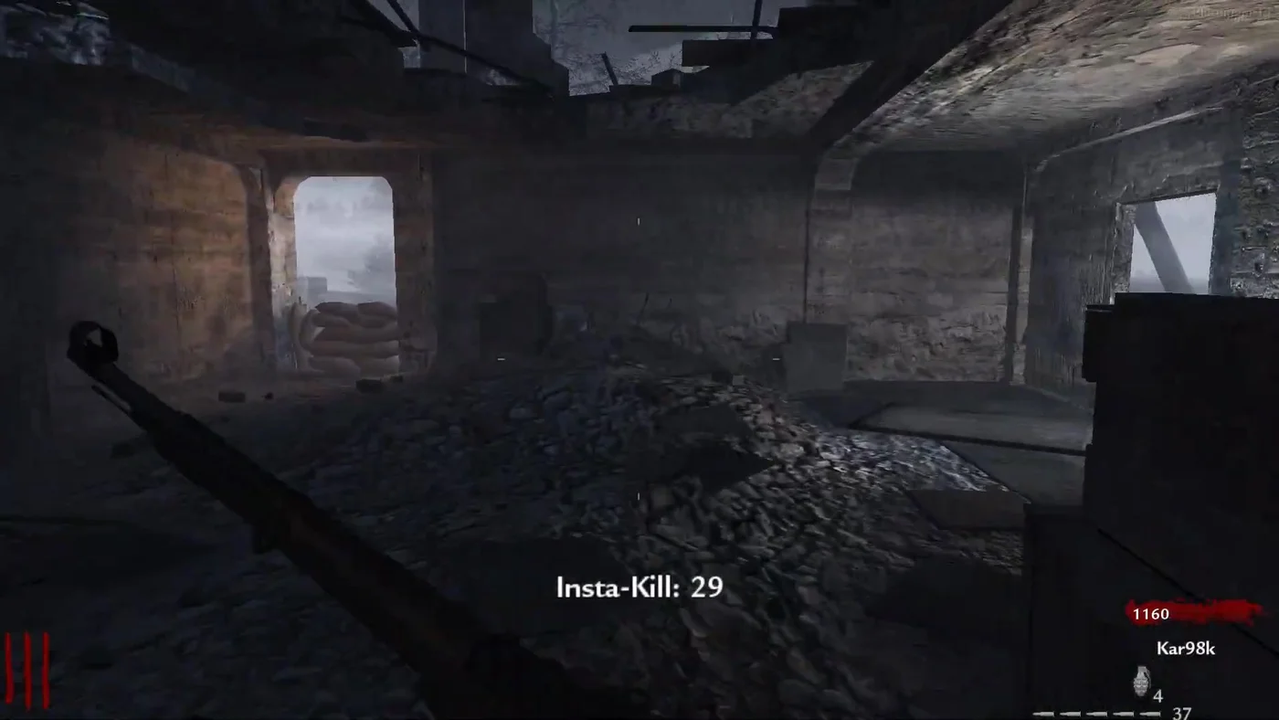 The Insta-Kill countdown written as text at the bottom of the screen, Nacht der Untoten, Call of Duty World at War Zombies