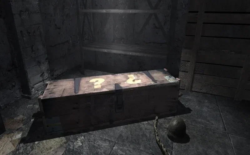 The Mystery Box on the floor of the Help room, with a helmet beside it, Nacht der Untoten, Call of Duty World at War Zombies