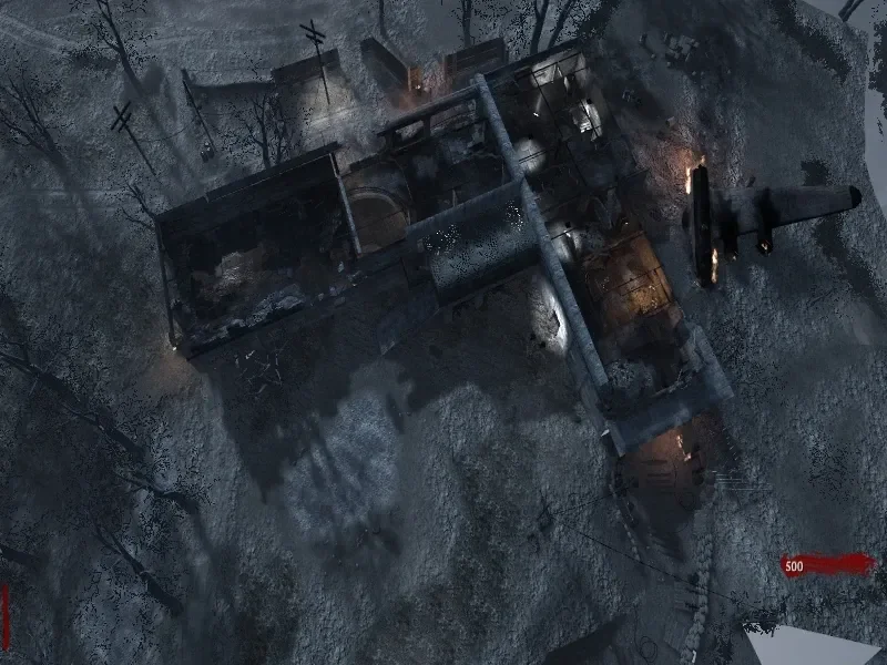 The bunker and the crashed plane seen from above, in the fog, Nacht der Untoten, Call of Duty World at War Zombies