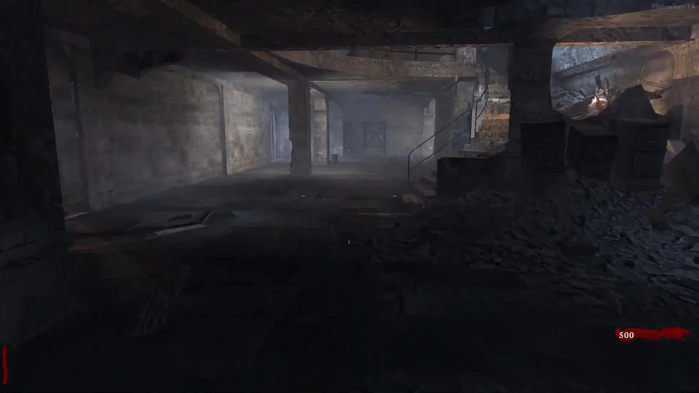 The starting room seen from its back wall, with the staircase climbing to the upper floor, Nacht der Untoten, Call of Duty World at War Zombies