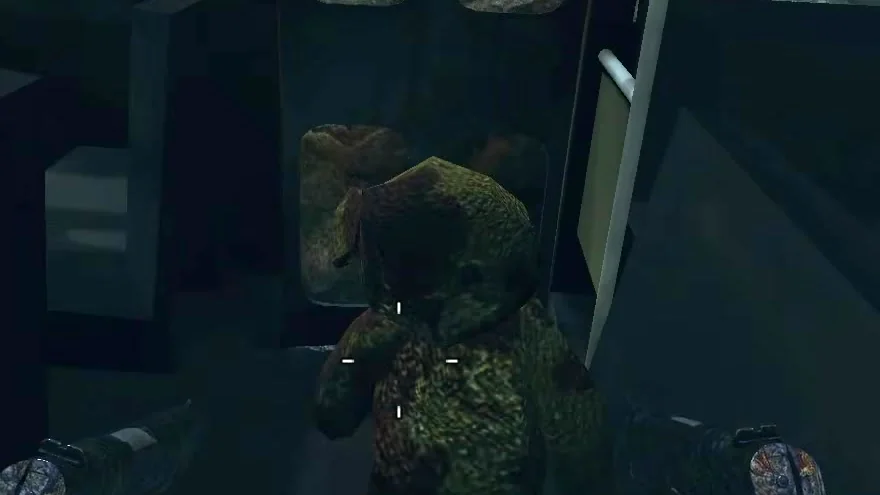 The teddy bear behind a window of the yellow bus in Nuketown Zombies, Call of Duty Black Ops II Zombies
