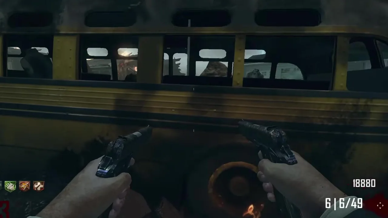 The side of the yellow bus and its windows in Nuketown Zombies, Call of Duty Black Ops II Zombies