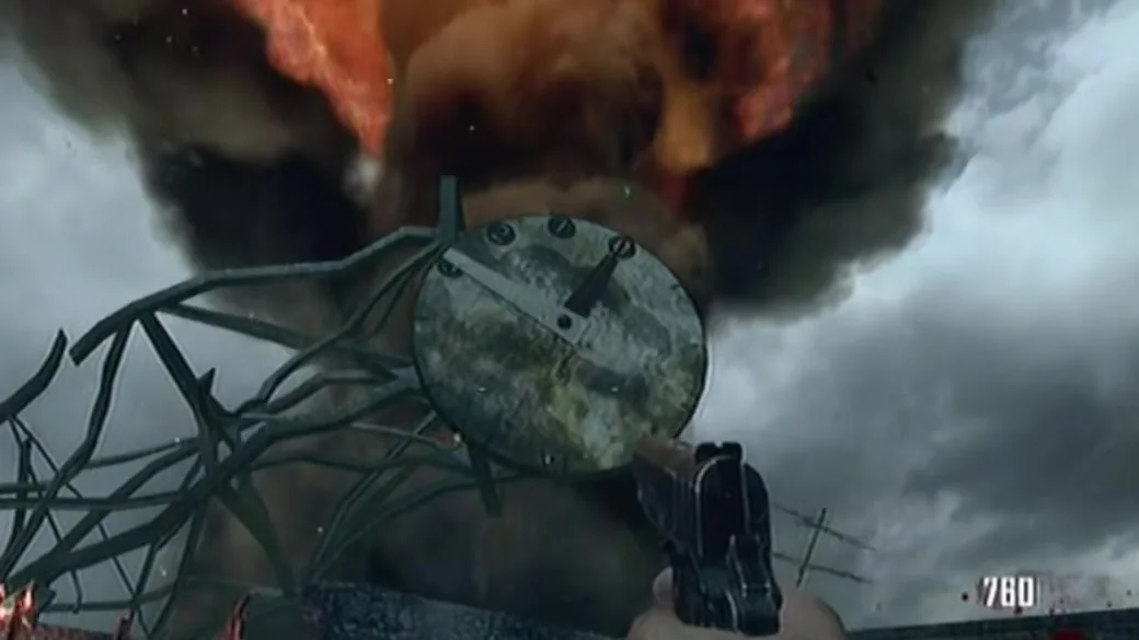 The doomsday clock on its tower, the mushroom cloud behind in Nuketown Zombies, Call of Duty Black Ops II Zombies