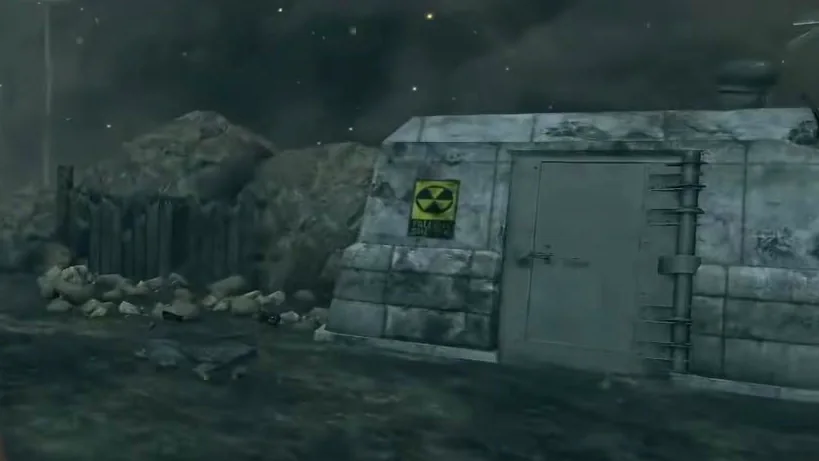 The concrete fallout shelter with its radiation sign in the green backyard in Nuketown Zombies, Call of Duty Black Ops II Zombies