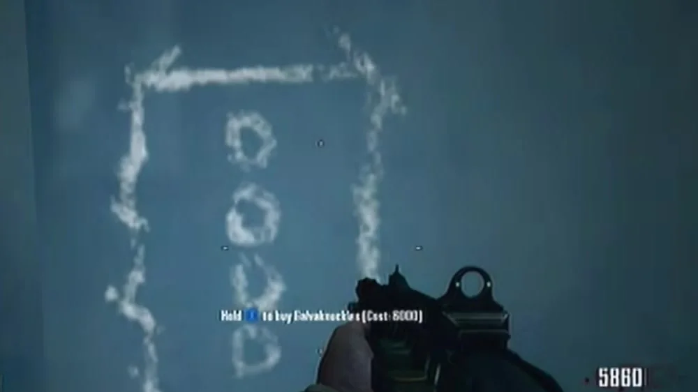 The Galvaknuckles chalk inside the red truck, Hold to buy Galvaknuckles, Cost 6000 in Nuketown Zombies, Call of Duty Black Ops II Zombies