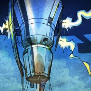A rocket crackling with lightning, comic panel of the Nuketown Zombies loading screen, Call of Duty Black Ops II Zombies