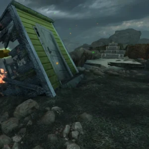 The ruined power-up shed in the yellow backyard in Nuketown Zombies, Call of Duty Black Ops II Zombies