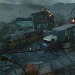 The yellow bus and the red truck in the middle of the street, the First Room of Nuketown in Nuketown Zombies, Call of Duty Black Ops II Zombies
