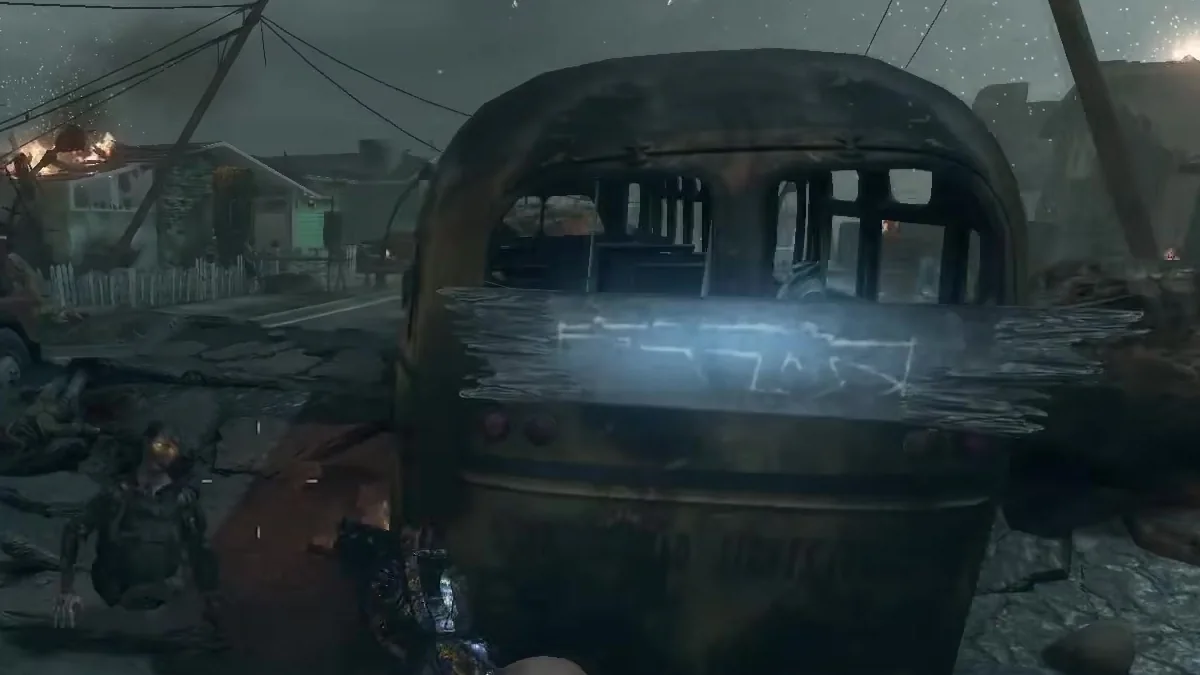 The M14 chalk on the back door of the yellow bus, Hold to buy M14, Cost 500 in Nuketown Zombies, Call of Duty Black Ops II Zombies