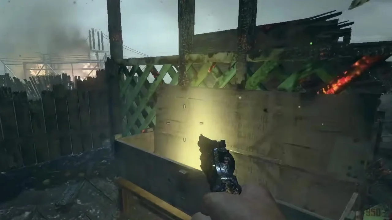 The Mystery Box open in a backyard, in front of a garden lattice in Nuketown Zombies, Call of Duty Black Ops II Zombies