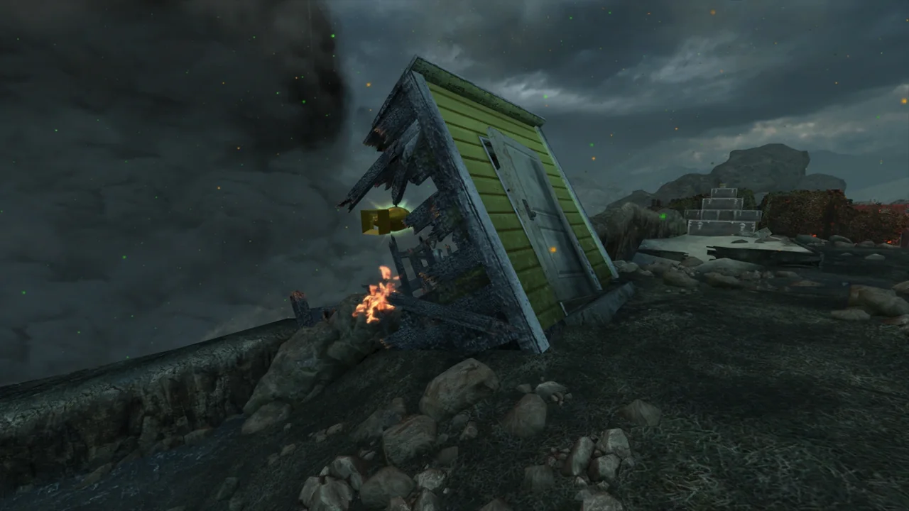 The ruined power-up shed leaning in the yellow backyard in Nuketown Zombies, Call of Duty Black Ops II Zombies