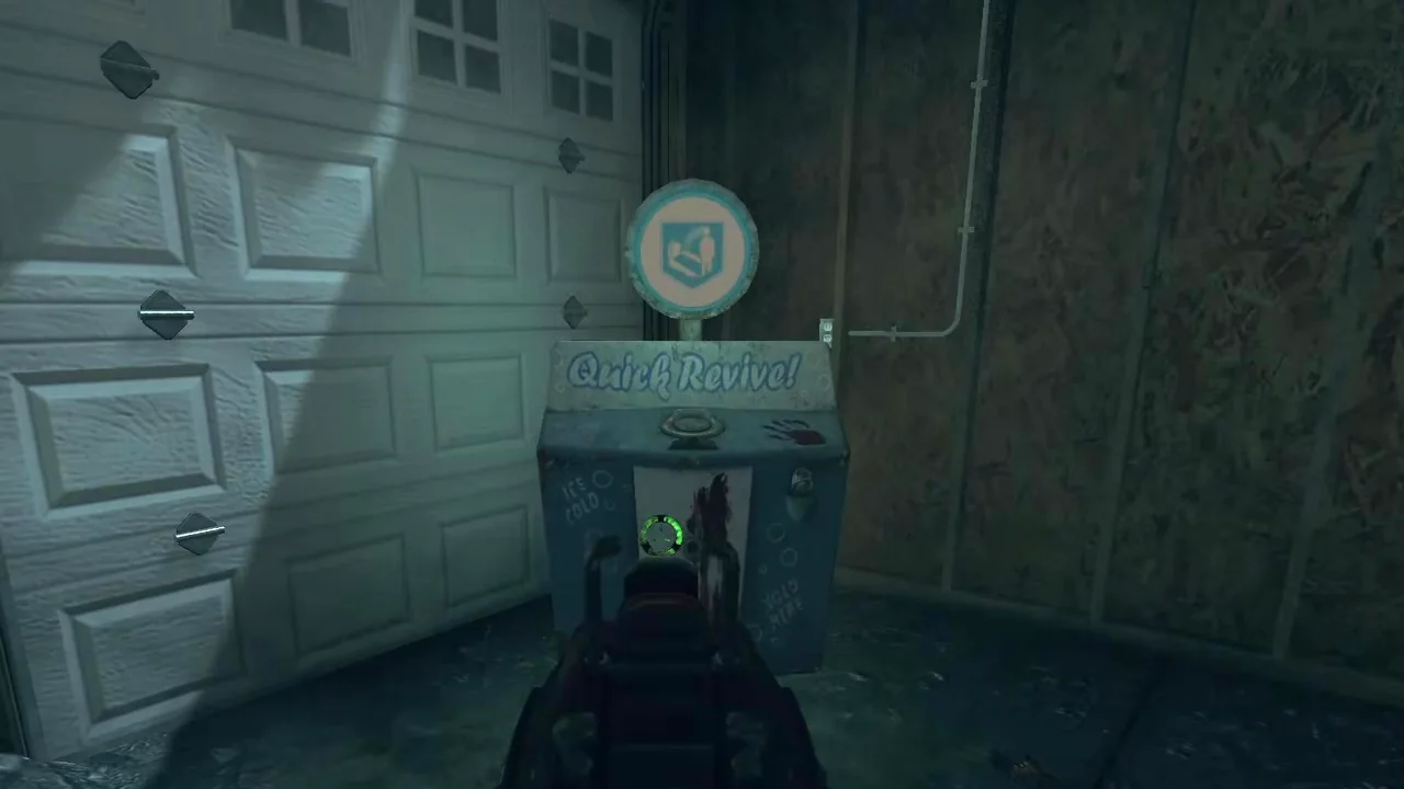 The Quick Revive machine landed in the green house garage, next to the white garage door in Nuketown Zombies, Call of Duty Black Ops II Zombies