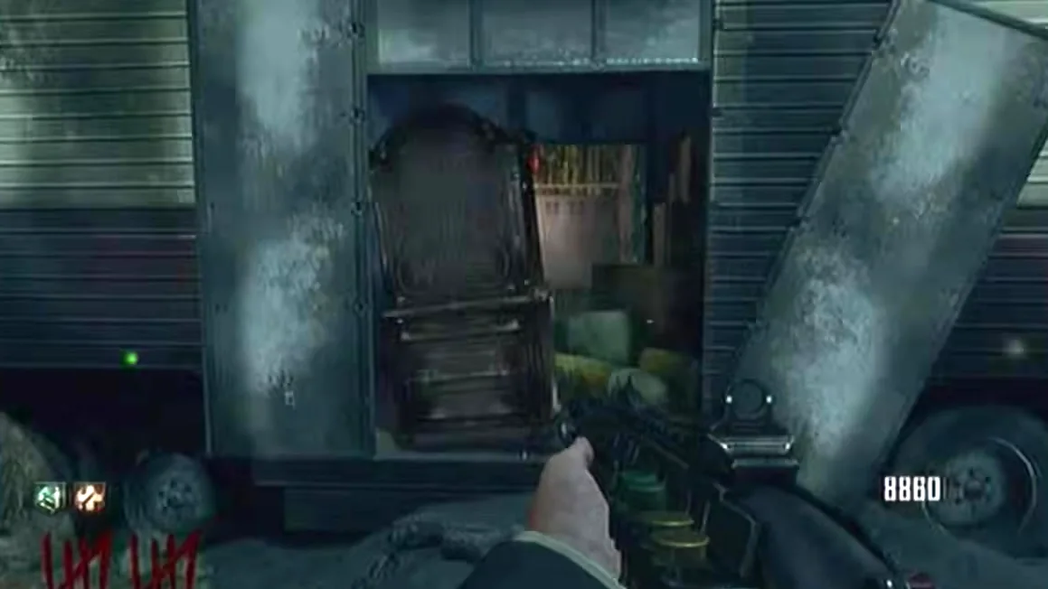 The back of the red truck blocked by a pile of furniture in Nuketown Zombies, Call of Duty Black Ops II Zombies