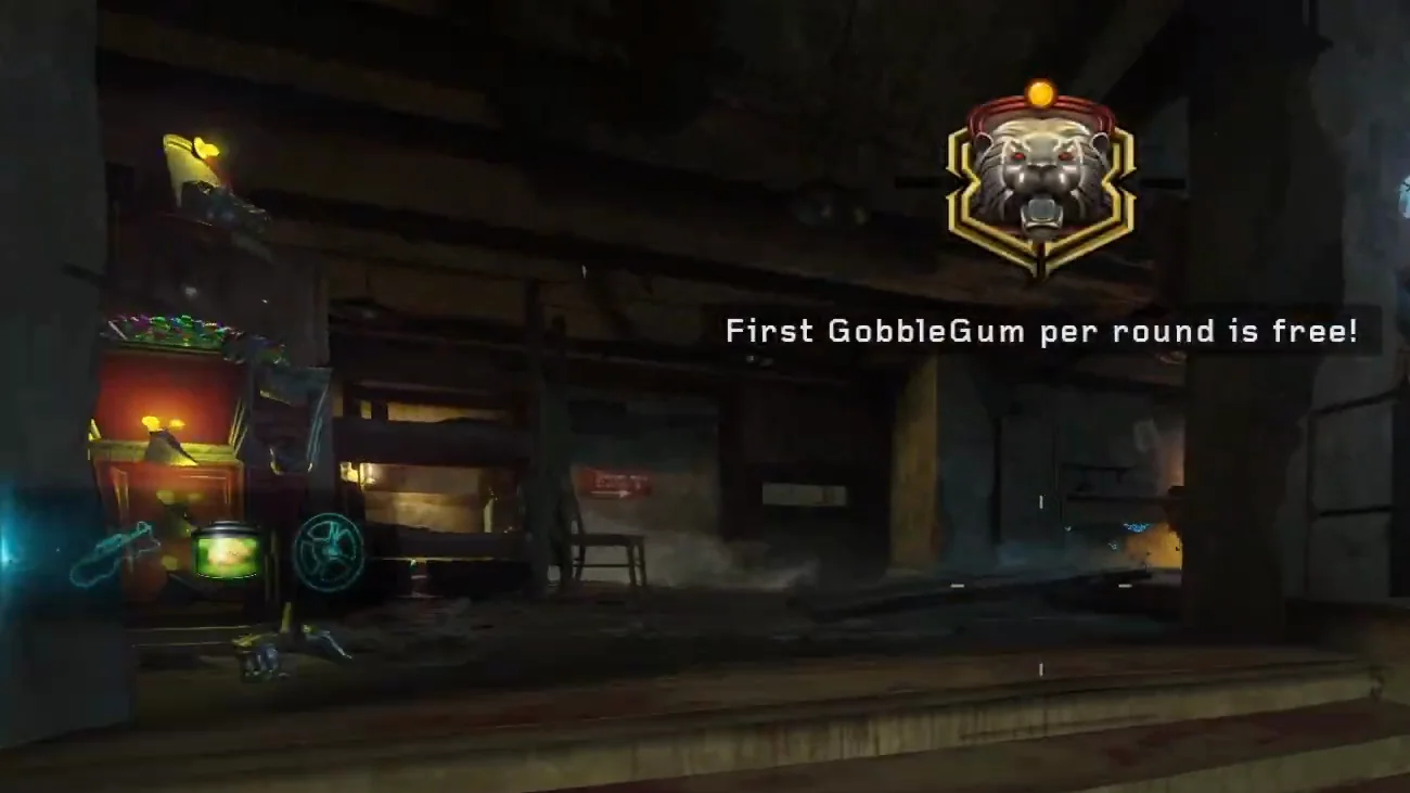 The GobbleGum machine of the starting room, lit up next to the challenge box, Origins, Call of Duty Black Ops III Zombies