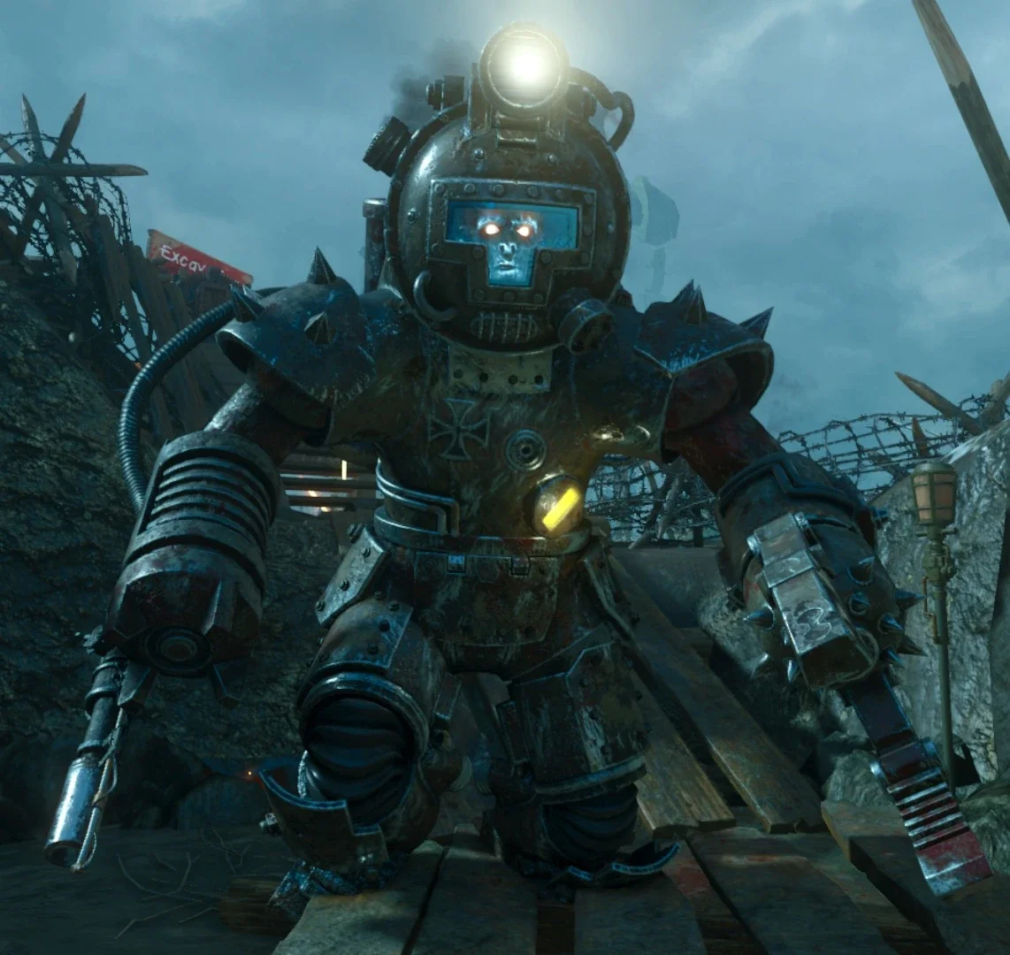 The Panzer Soldat standing in the trenches, its helmet light on, Origins, Call of Duty Black Ops III Zombies