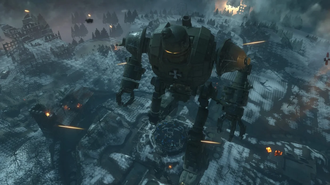 A giant robot walking over the trenches in the snow, Origins, Call of Duty Black Ops III Zombies