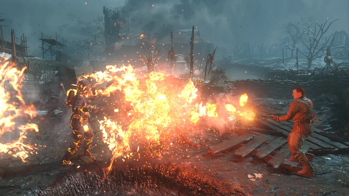 A player firing the Staff of Fire at a zombie in the trenches, Origins, Call of Duty Black Ops III Zombies