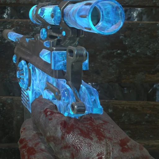 The Boomhilda held in first person, its upgraded camouflage glowing blue, Origins, Call of Duty Black Ops III Zombies