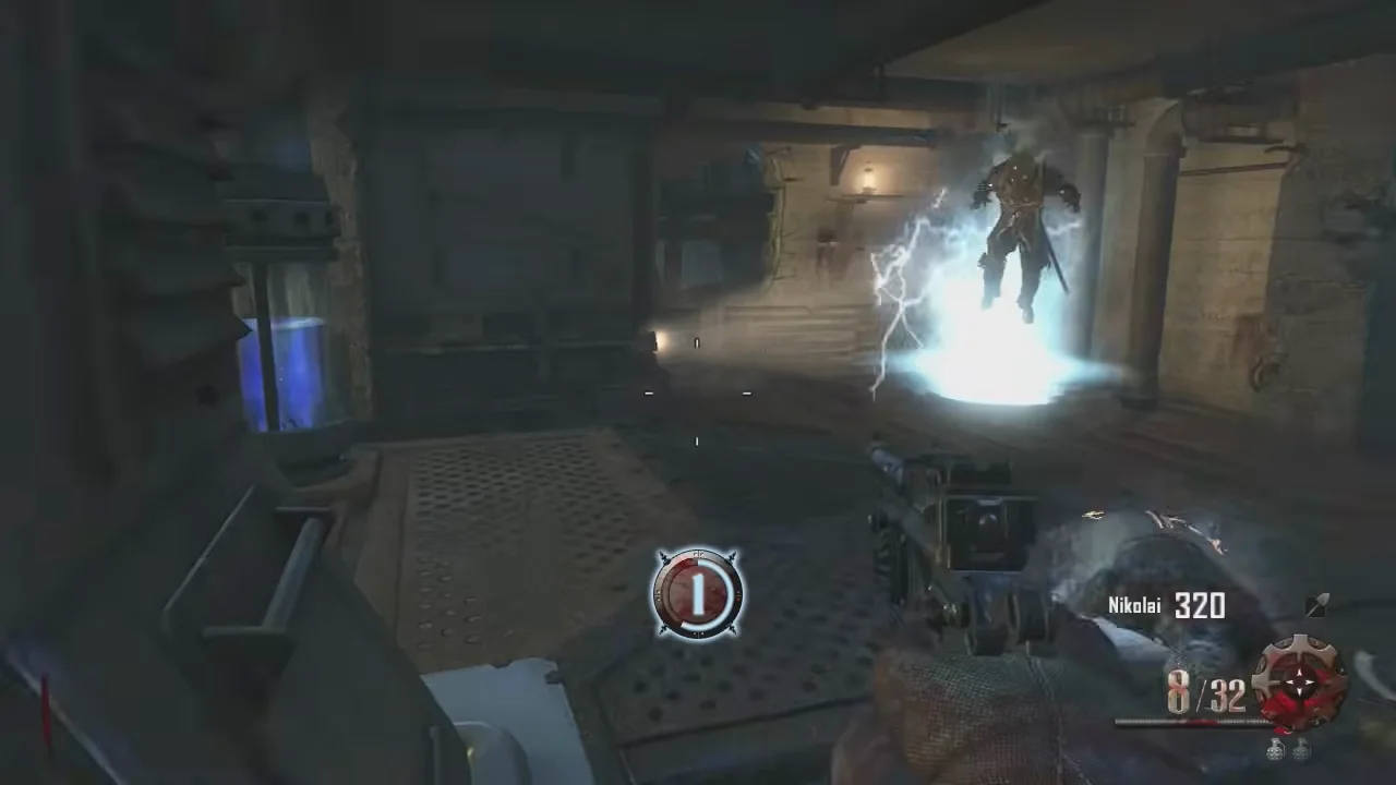 A Templar zombie climbing out of a blue portal while Generator 1 charges in the starting room in Origins, Call of Duty Black Ops II Zombies