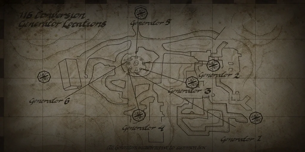 Map of the dig site with the locations of the six 115 generators in Origins, Call of Duty Black Ops II Zombies