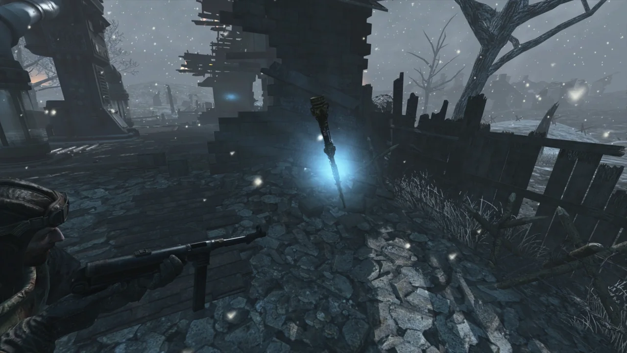 A Staff of Ice part glowing in the snow, dug up from a pile in Origins, Call of Duty Black Ops II Zombies