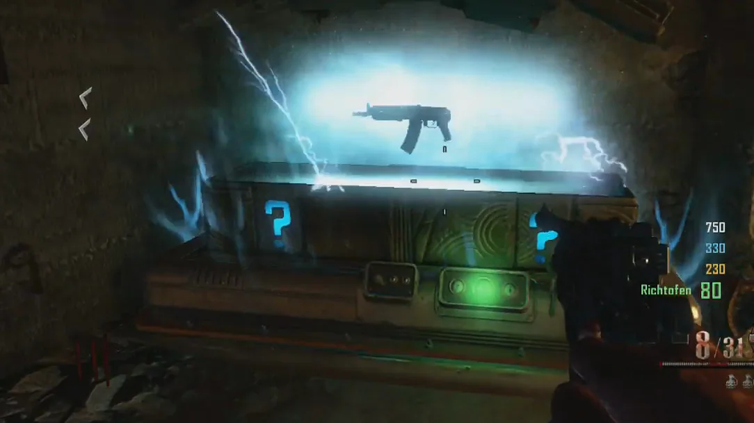 The Mystery Box of Origins open, a weapon rising from it in Origins, Call of Duty Black Ops II Zombies