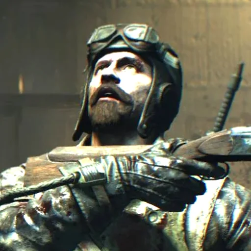 Nikolai Belinski in his aviator cap, aiming, Origins intro cinematic, Call of Duty Black Ops II Zombies