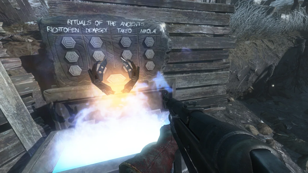 The Rituals of the Ancients reward box by Generator 6 and its board of challenges, a Staff of Fire part inside in Origins, Call of Duty Black Ops II Zombies
