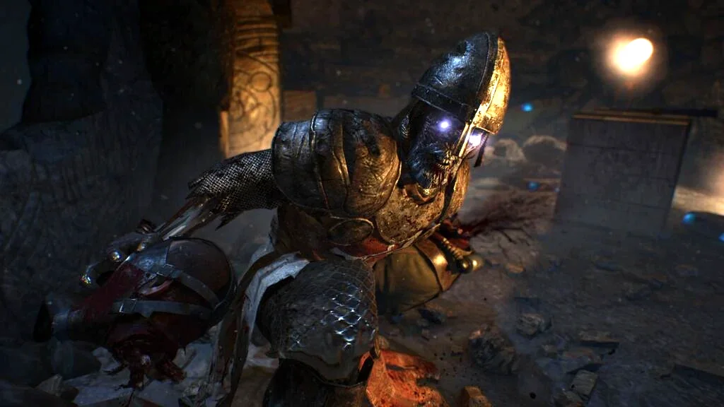 A Templar zombie with glowing blue eyes, from the intro in Origins, Call of Duty Black Ops II Zombies