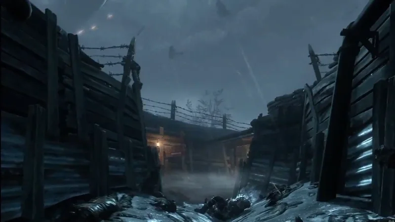 The snowy trenches and barbed wire of the dig site in Origins, Call of Duty Black Ops II Zombies