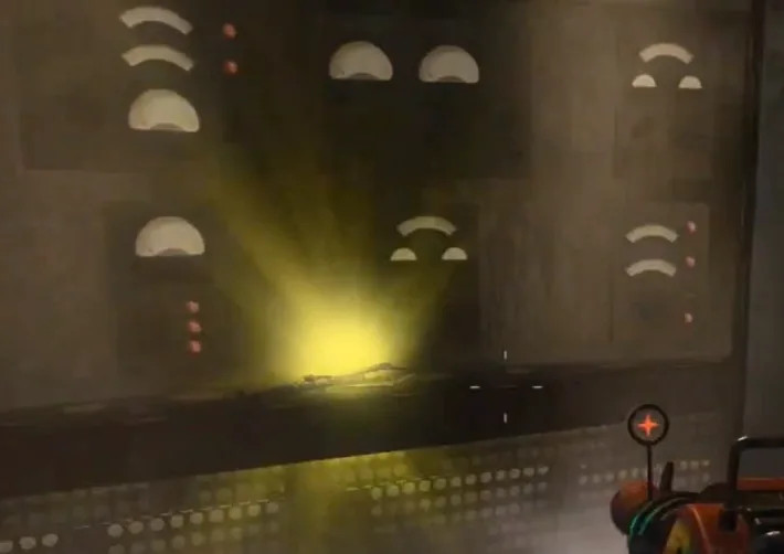A Staff of Wind part glowing inside the head of a giant robot in Origins, Call of Duty Black Ops II Zombies