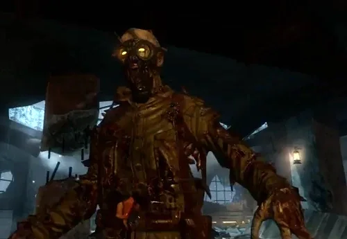 A zombie of the dig site in a gas mask, with glowing orange eyes in Origins, Call of Duty Black Ops II Zombies