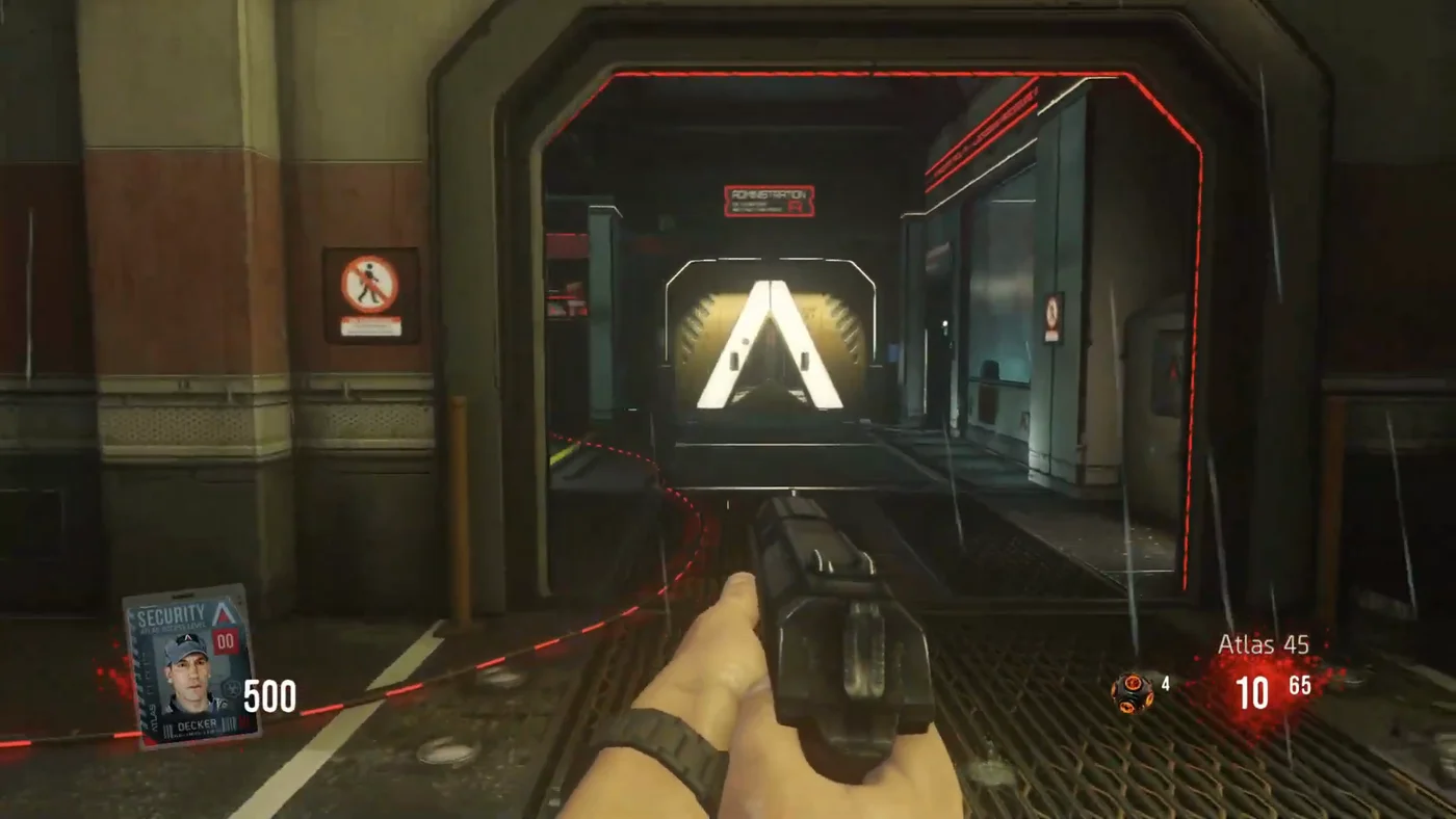 The closed door from the Courtyard to the Administration, its frame lined with red light, Outbreak, Call of Duty Advanced Warfare Zombies