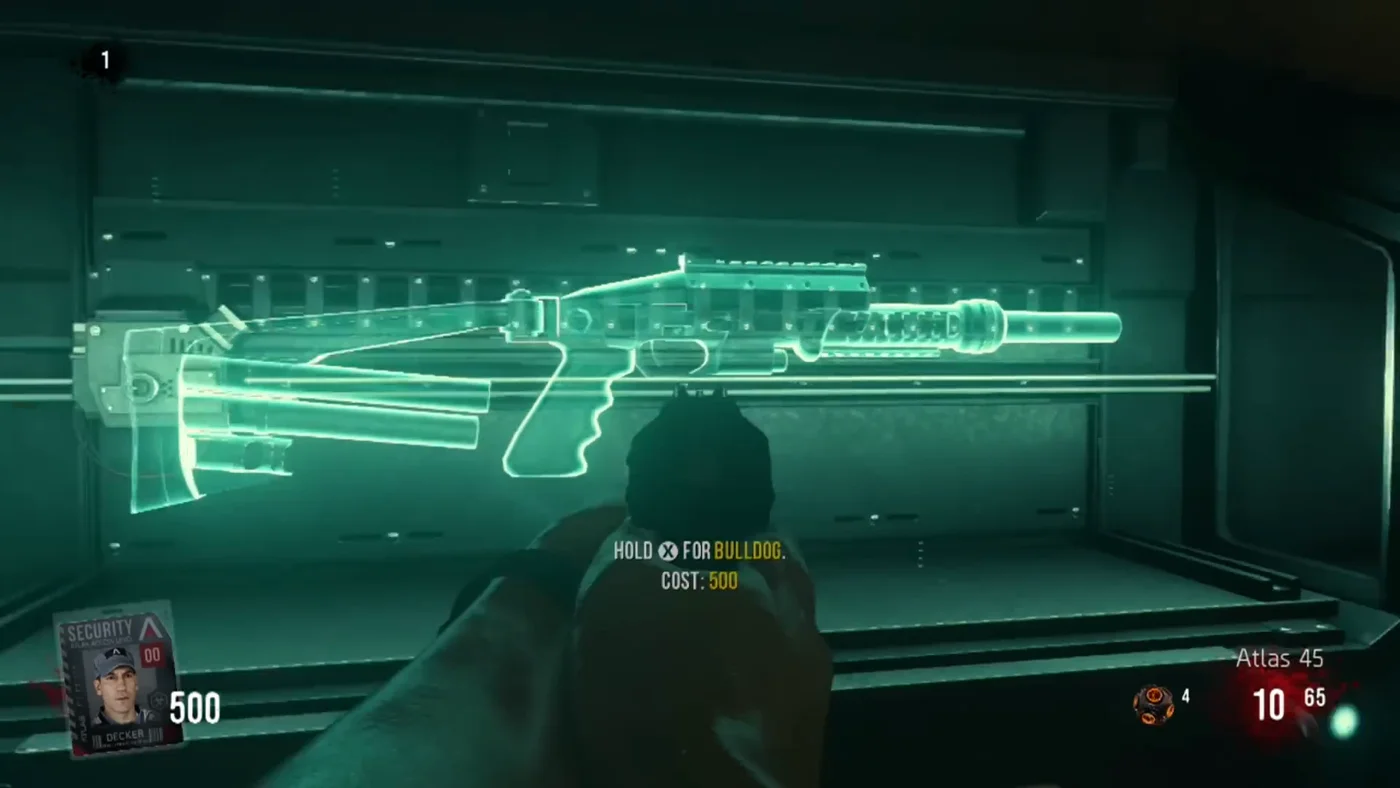 The Bulldog wall printer of the Courtyard, its hologram glowing green, with the prompt Hold for Bulldog, cost 500, Outbreak, Call of Duty Advanced Warfare Zombies
