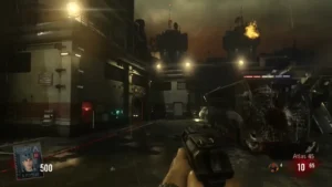 The Courtyard at the start of a game, at night in the rain, with the bus parked on the right and the Atlas 45 in hand, Outbreak, Call of Duty Advanced Warfare Zombies