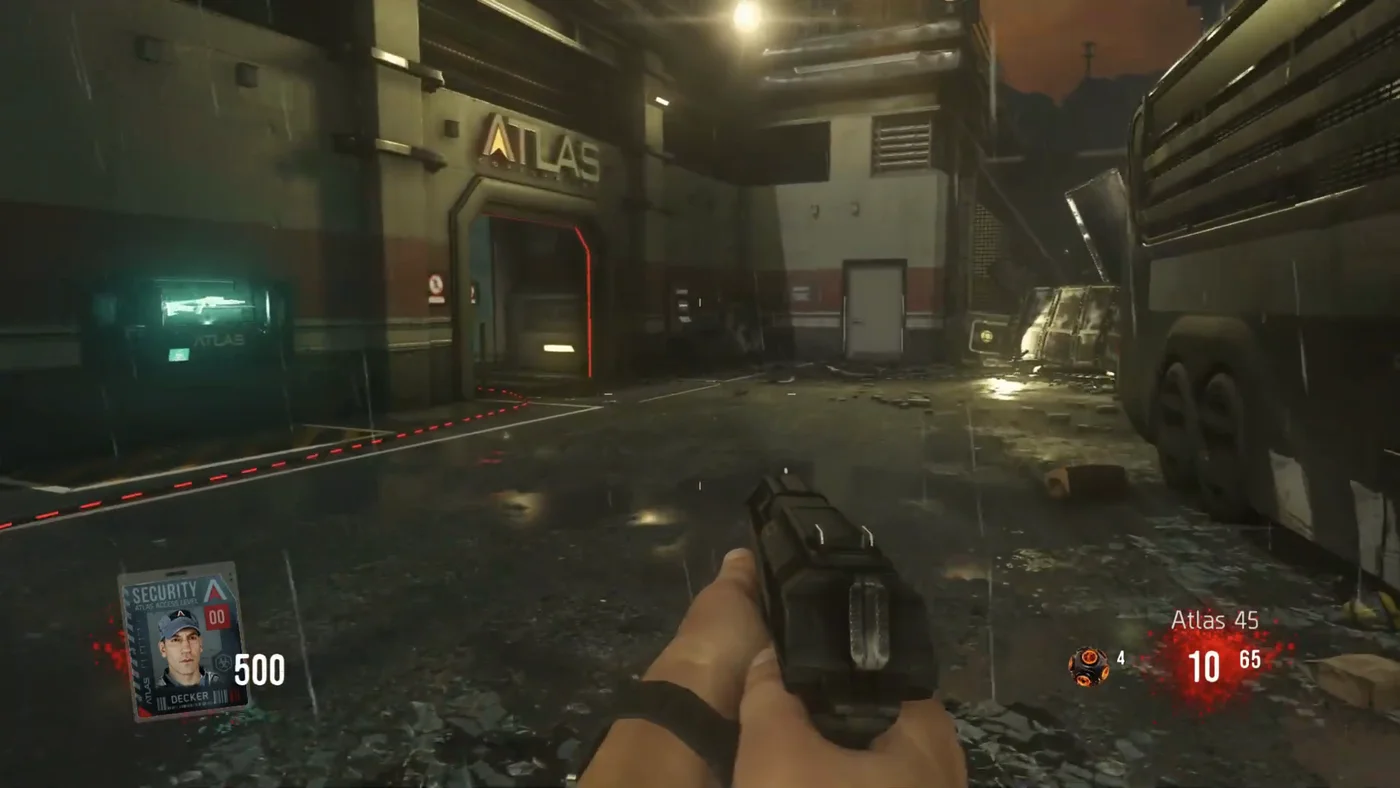 The wreck of the Warbird burning against the facility wall in the Courtyard, beside the bus, Outbreak, Call of Duty Advanced Warfare Zombies