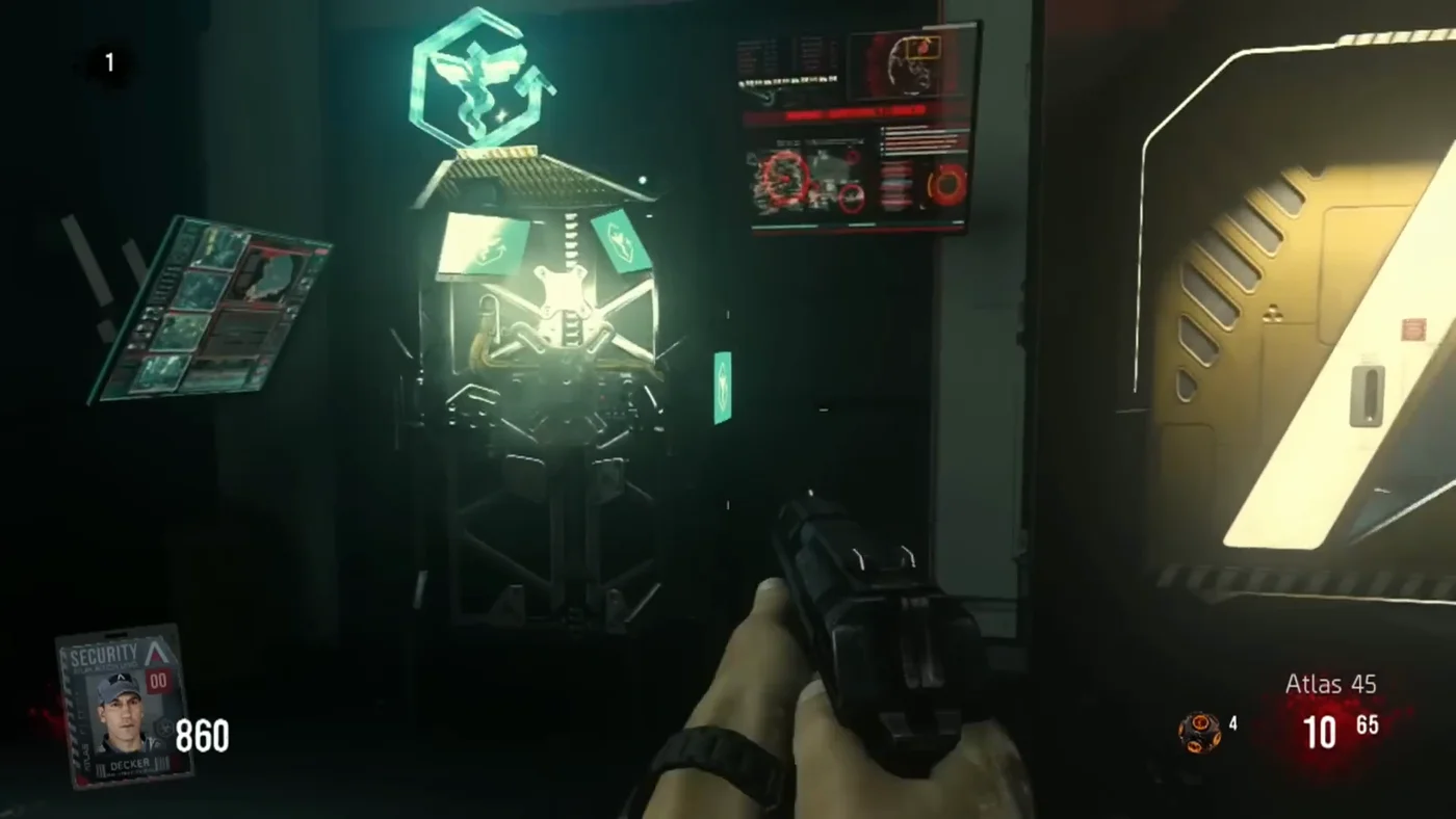 The Exo Medic station of the Courtyard, glowing green under its icon, once the power is on, Outbreak, Call of Duty Advanced Warfare Zombies