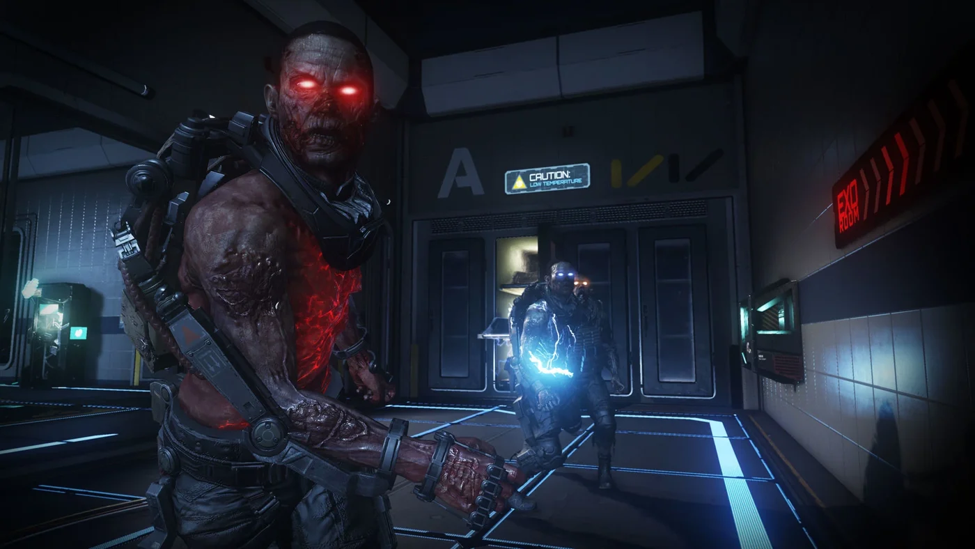 A Charger with red glowing eyes and an EMZ crackling with blue electricity in a corridor of the facility, Outbreak, Call of Duty Advanced Warfare Zombies
